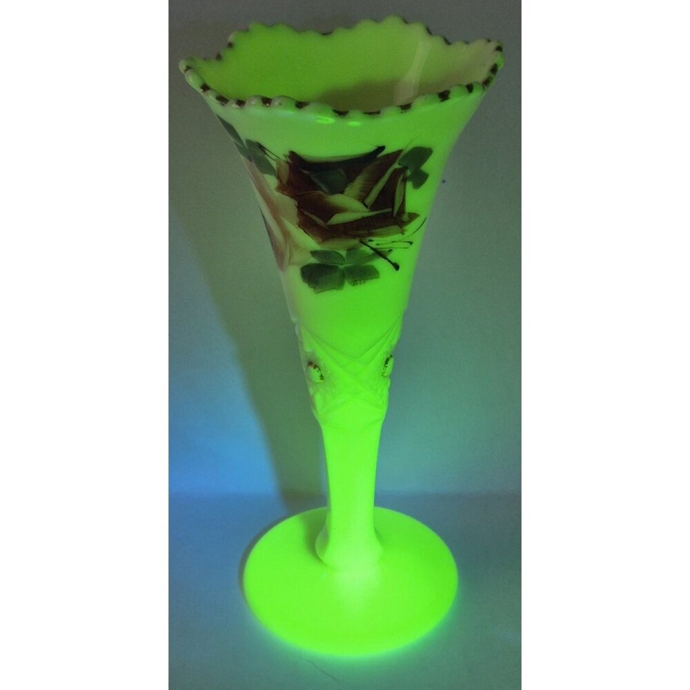 Jefferson Diamond W/ Peg Rose Decorated Custard Glass Vase Glows Art Deco
